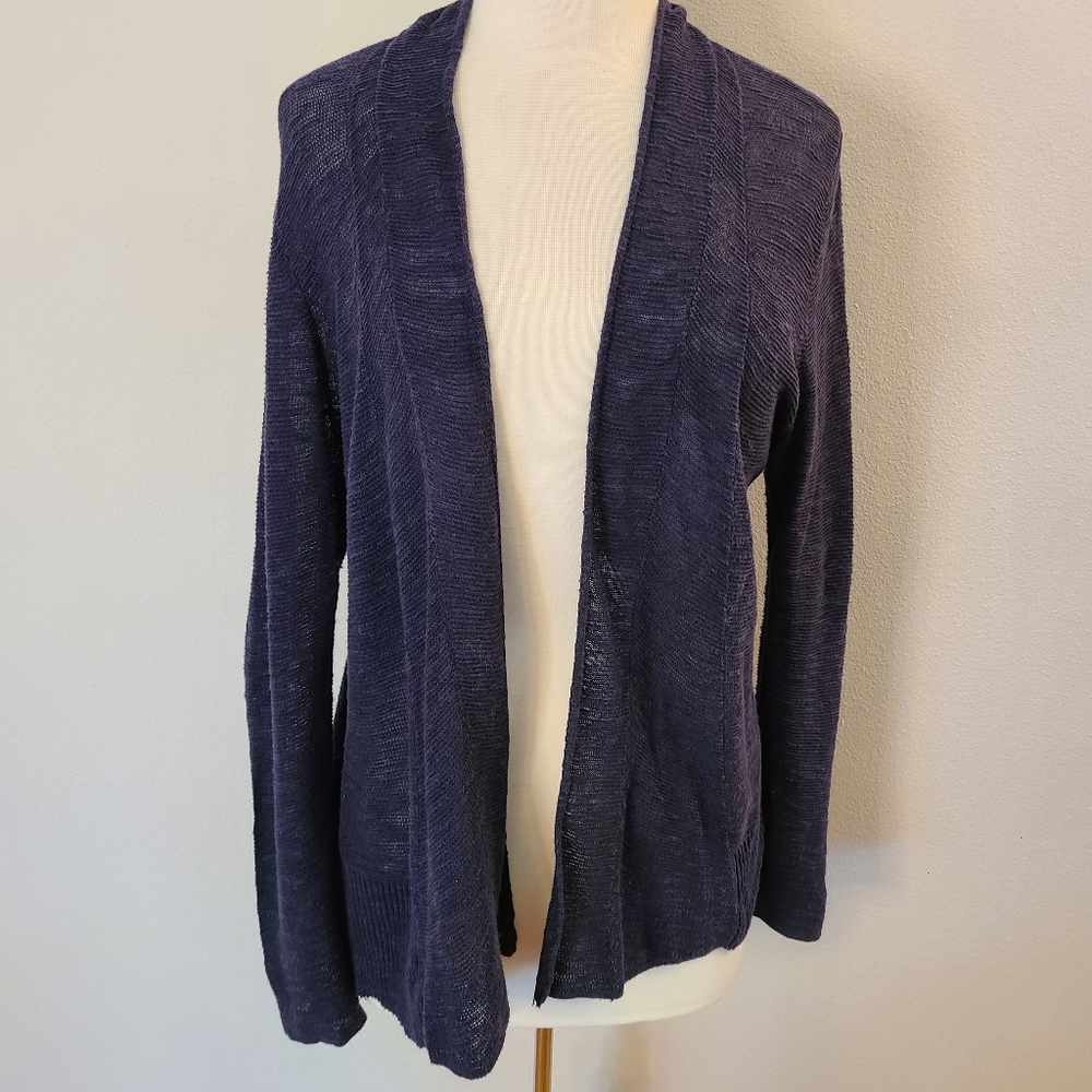 Eileen Fisher Navy Organic Linen & Cotton Open Front Cardigan